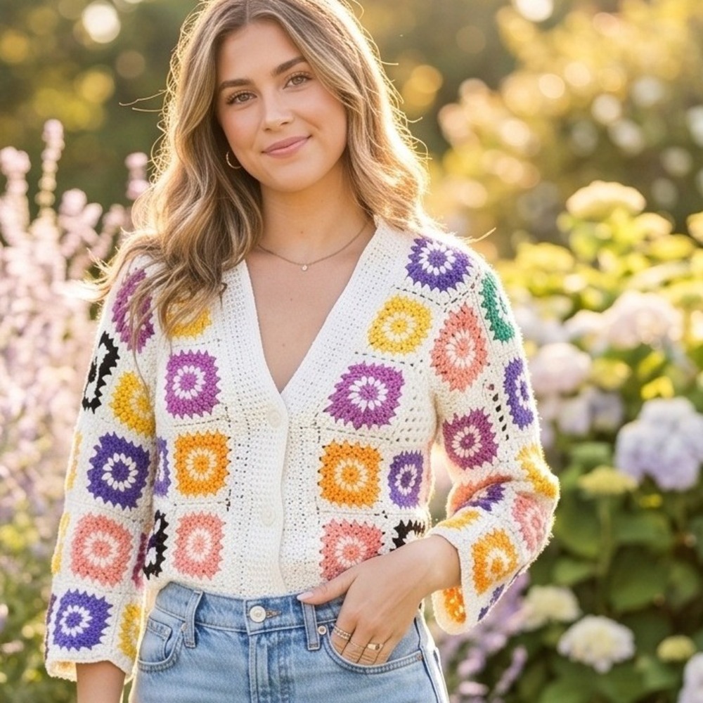 Earthbound Trading Co. S Crochet‎ Granny Square Open Cardigan Colorful S